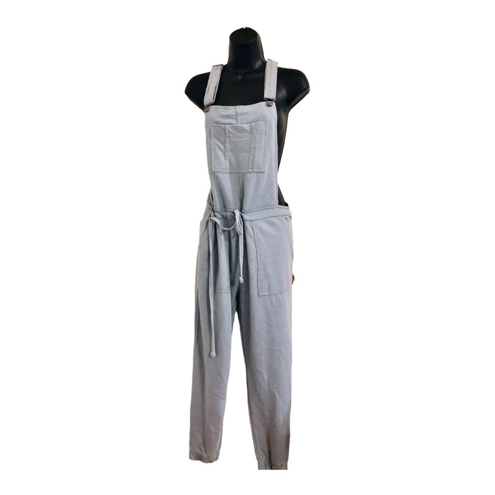 Soft blue jersey knit drawstring waist exposed sides overalls jumpsuit size M‎